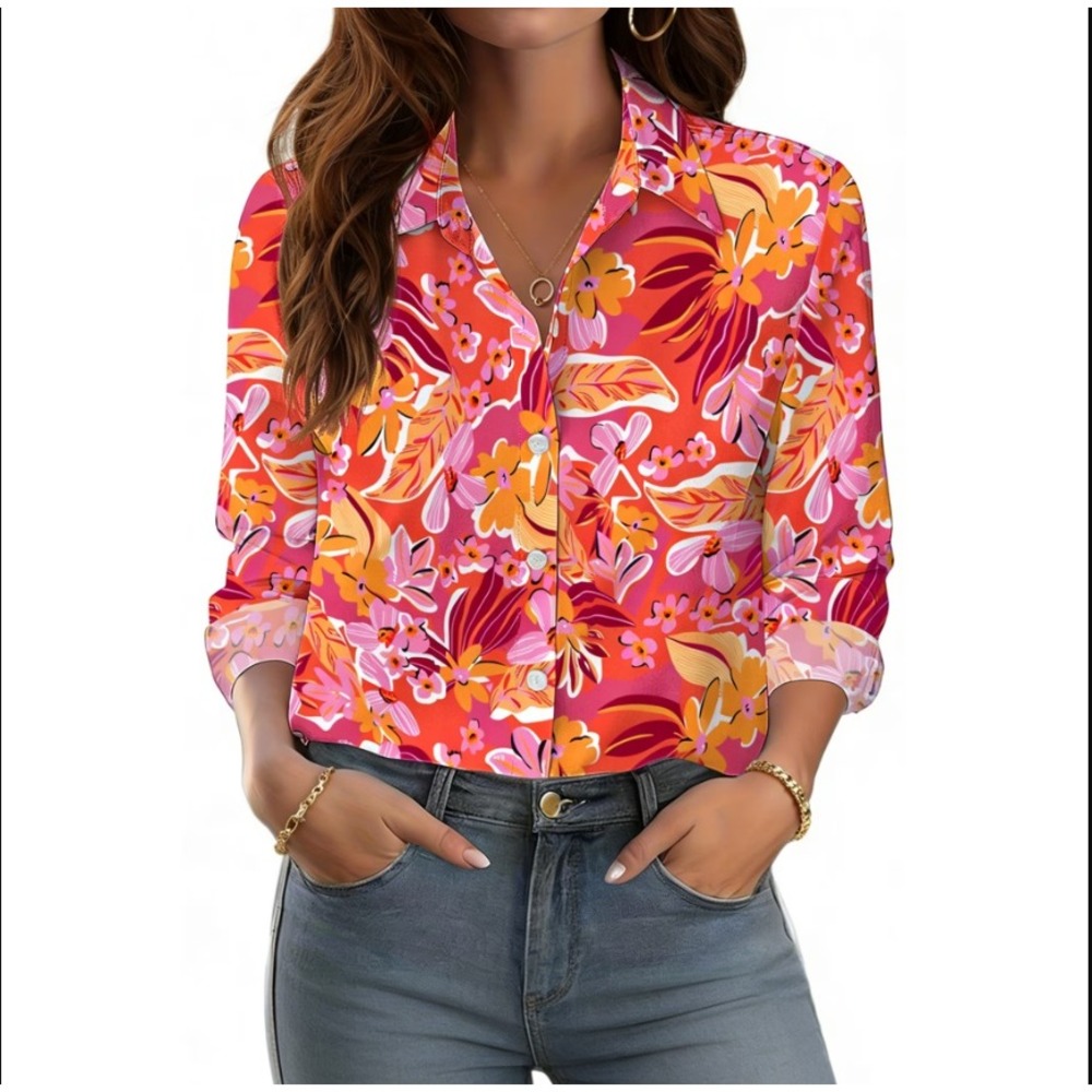 Fantaslook Womens Blouse Red‎ Pink Orange Floral Button Front Long Sleeve Large